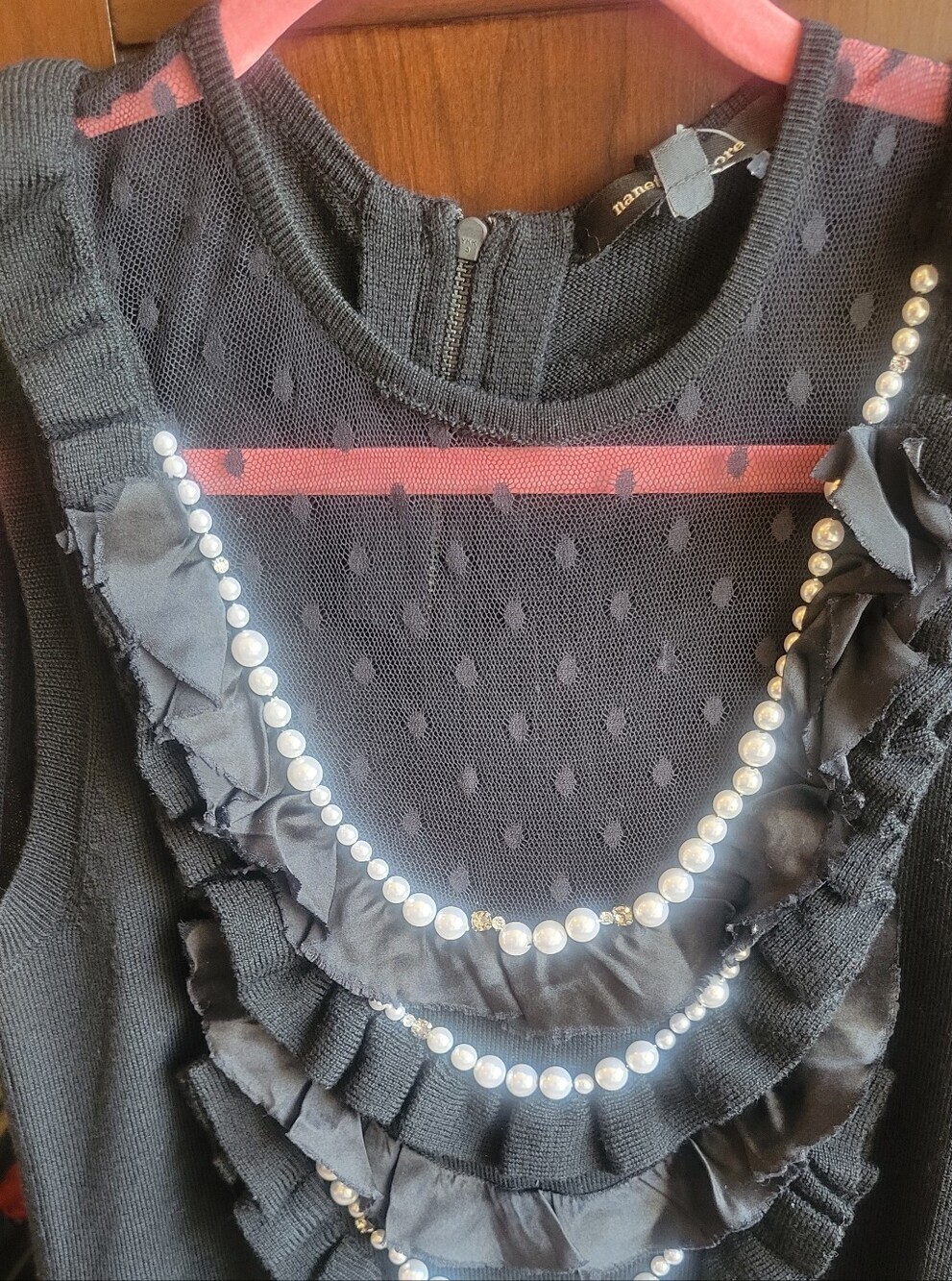 Nanette Lepore Black Dress with Faux Pearl Necklace Detail 100% Wool - Picture 9 of 12